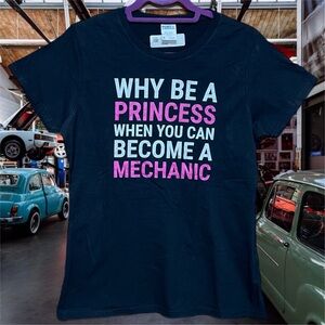 Ladie’s Mechanic Black Graphic  T-Shirt with Pink and White Text New With Tags